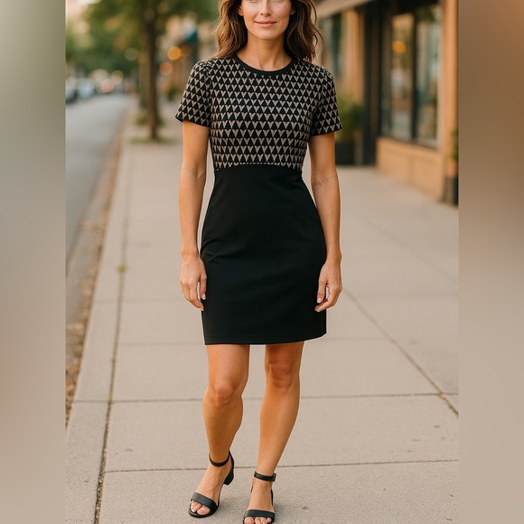 BAR 111 BLACK FITTED BODYCON GOLD METALLIC ART DECO SHORT SLEEVE DRESS SZ LARGE - Picture 3 of 9